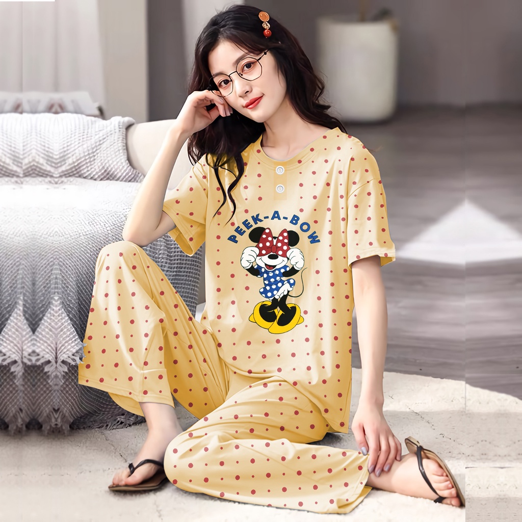 Lilipop.id  Baju Tidur Wanita CP Peek Bow Mickey Setelan Piyama BabyDoll Kaos Celana Panjang