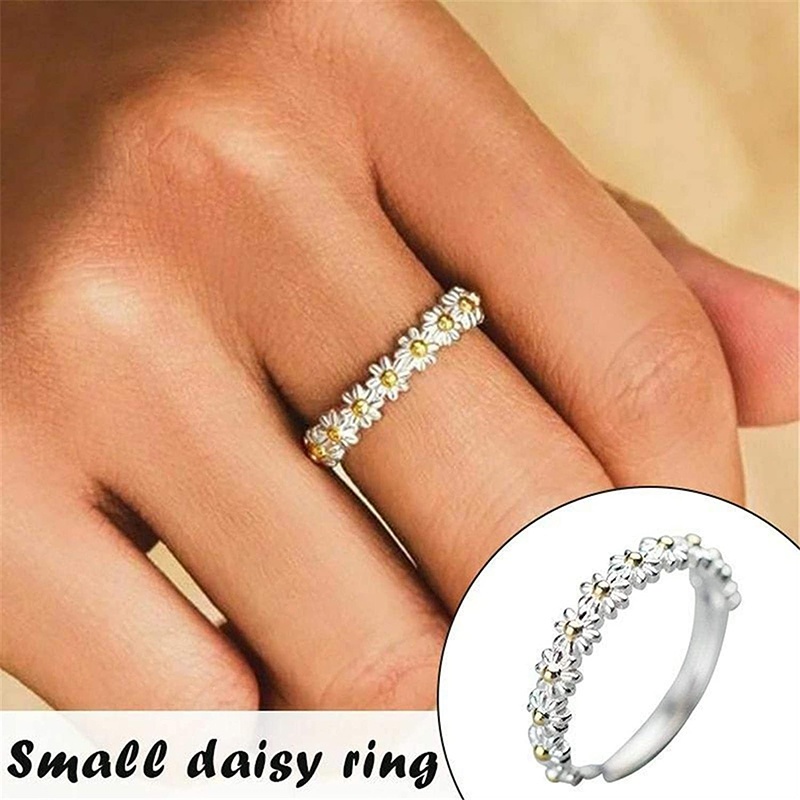 Cincin Model Terbuka Adjustable Desain Bunga Daisy Gaya Vintage Korea Untuk Wanita