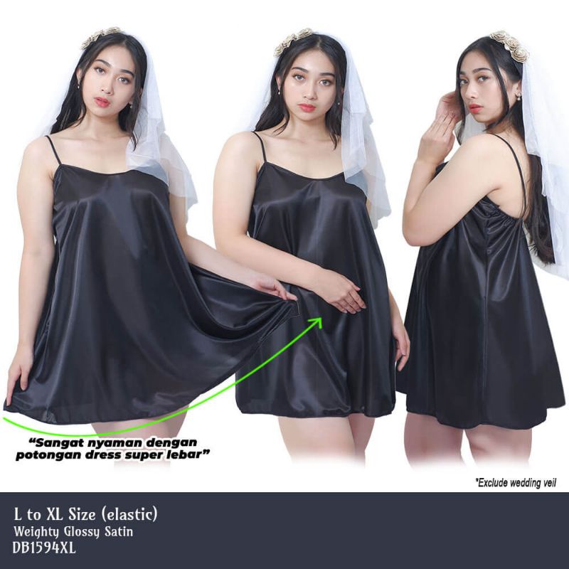 Daster wanita sexy pendek rok lebar big size jumbo satin hitam 1594BDR_XL