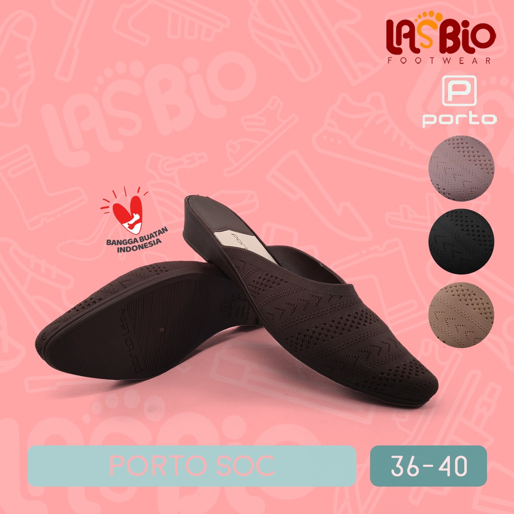 Sepatu Selop Wedges Mules Wanita Motif Rajut Bahan Karet Porto-SOC