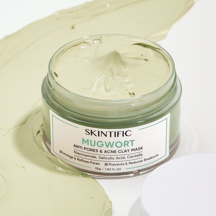 ★ BB ★  SKINTIFIC Mugwort Anti Pores &amp; Acne Clay Mask Pore Clarifying Wask Off Pack 55G 【BPOM】