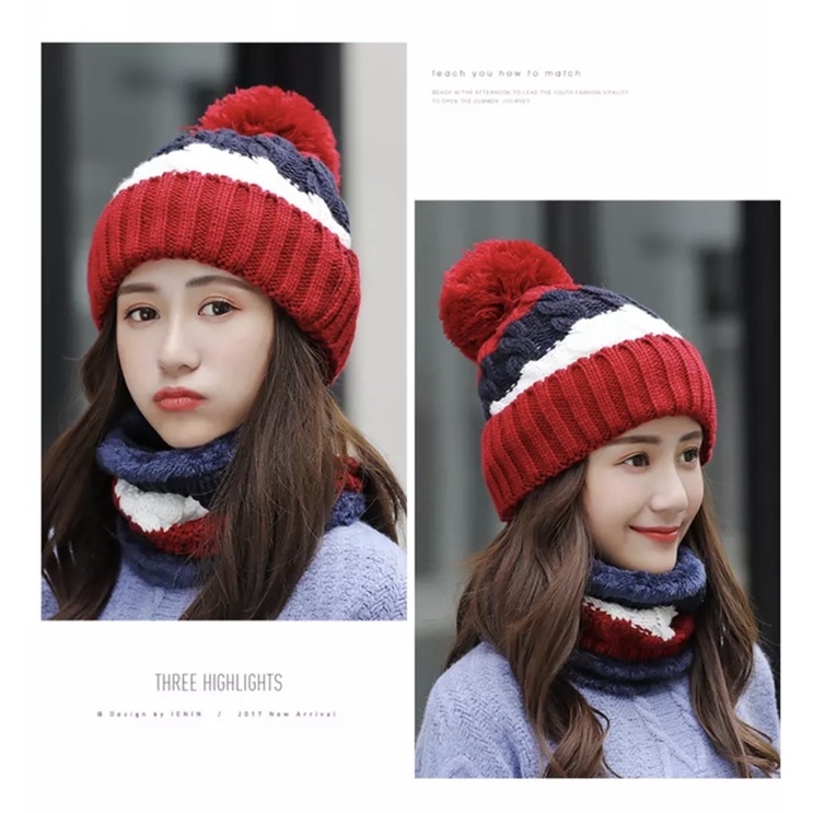 Topi kupluk wanita hangat import rajut winter hat musim dingin korea anak beanie set neck warmer kim