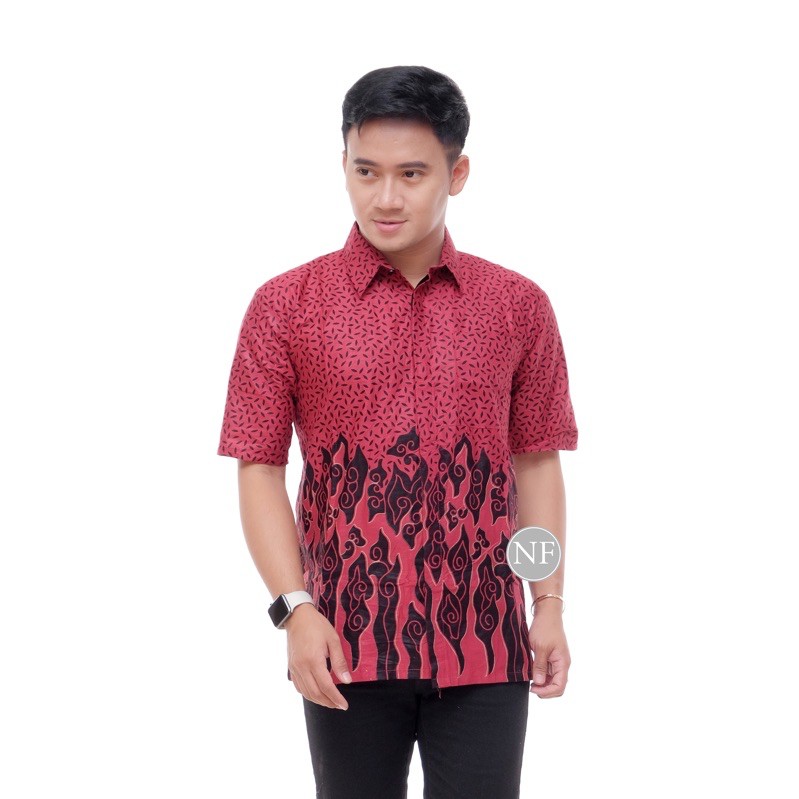 Batik Pria Lengan Pendek BATIK BERKAH HRB026 motif KERATONAN Kode 002 size M L XL-Mega mendung marun