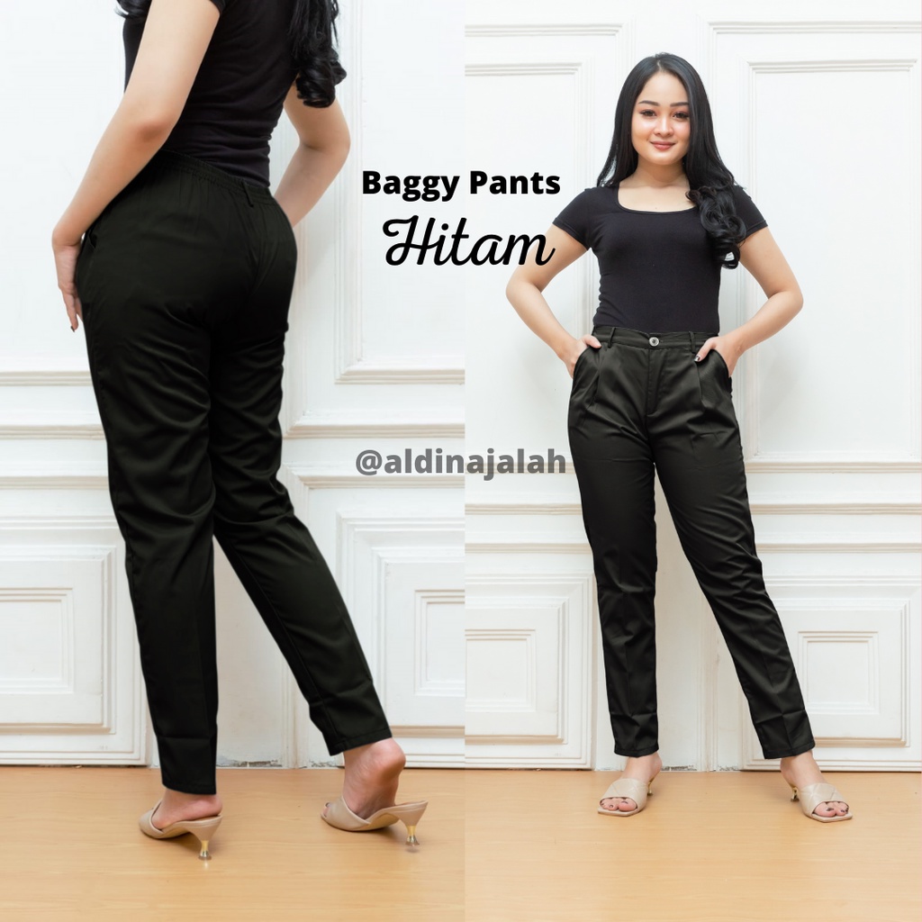 Baggy Pants Warna Hitam Celana Kerja Kantor Wanita Bahan American Drill