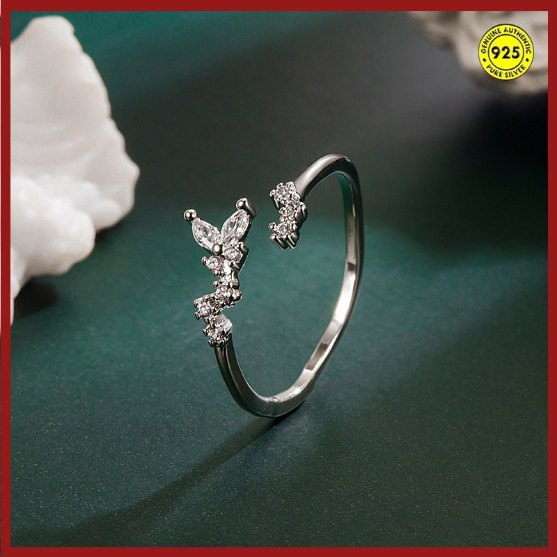 Cincin Sterling Silver 925 Model Terbuka Desain Kupu-Kupu Hias Berlian Untuk Wanita