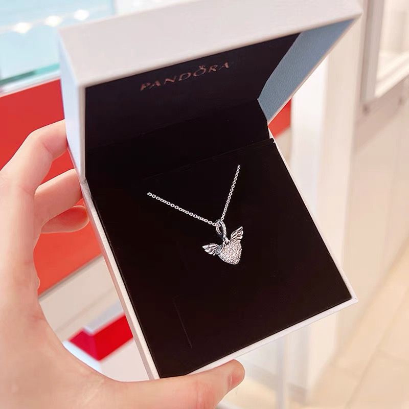 Pandora Kalung 925 Silver Micro-Set Diamond Angel Wings Heart Pendant Untuk Wanita