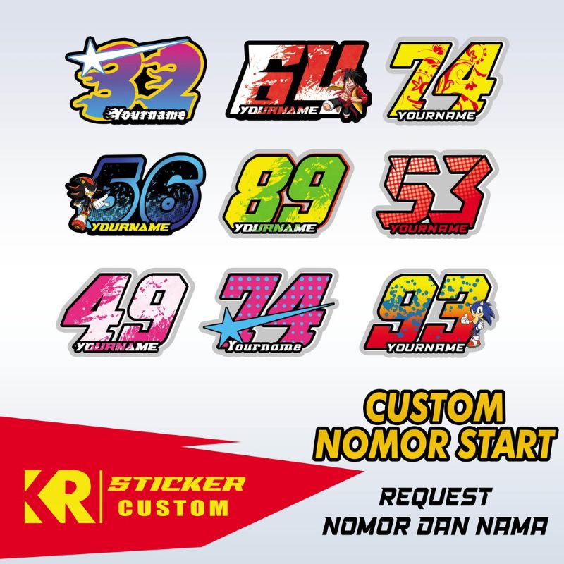 Stiker nomor start (REQUEST NOMOR, GAMBAR DAN NAMA) ukuran lebar rata" 15 cm