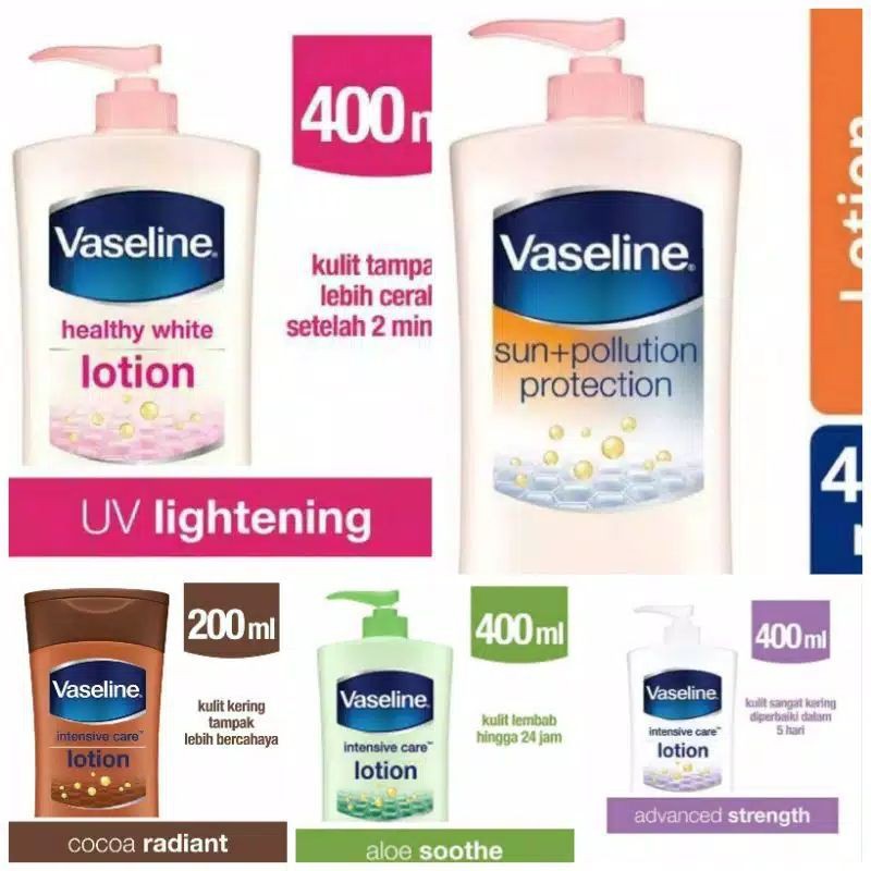 Vaseline Hand Body Lotion Cocoa Radiant 200ml, Advanced Strenght 400ml, Aloe Soothe 400ml