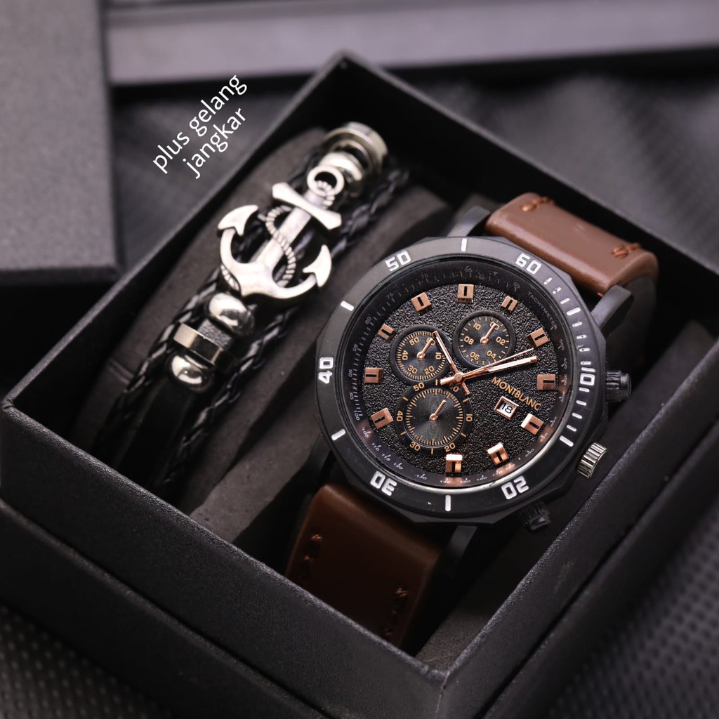 COD JAM TANGAN PRIA MONTBLANC KULIT TANGGAL AKTIF FREE GELANG JANGKAR KEREN LS12