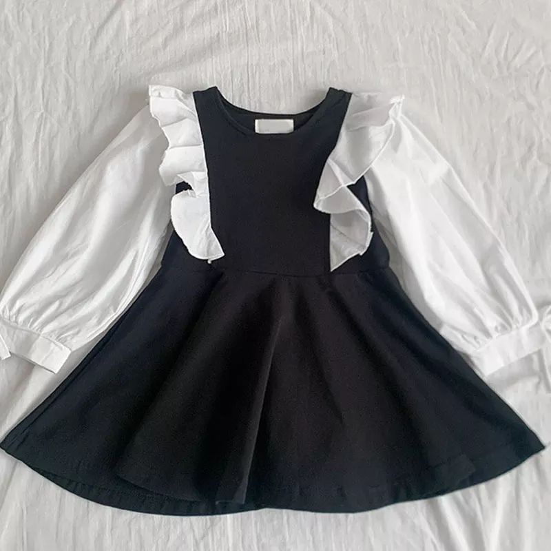 Gaun Anak Perempuan Baru Musim Semi Musim Gugur Gaun Princess Lengan Panjang Cocok Warna Hitam Renda