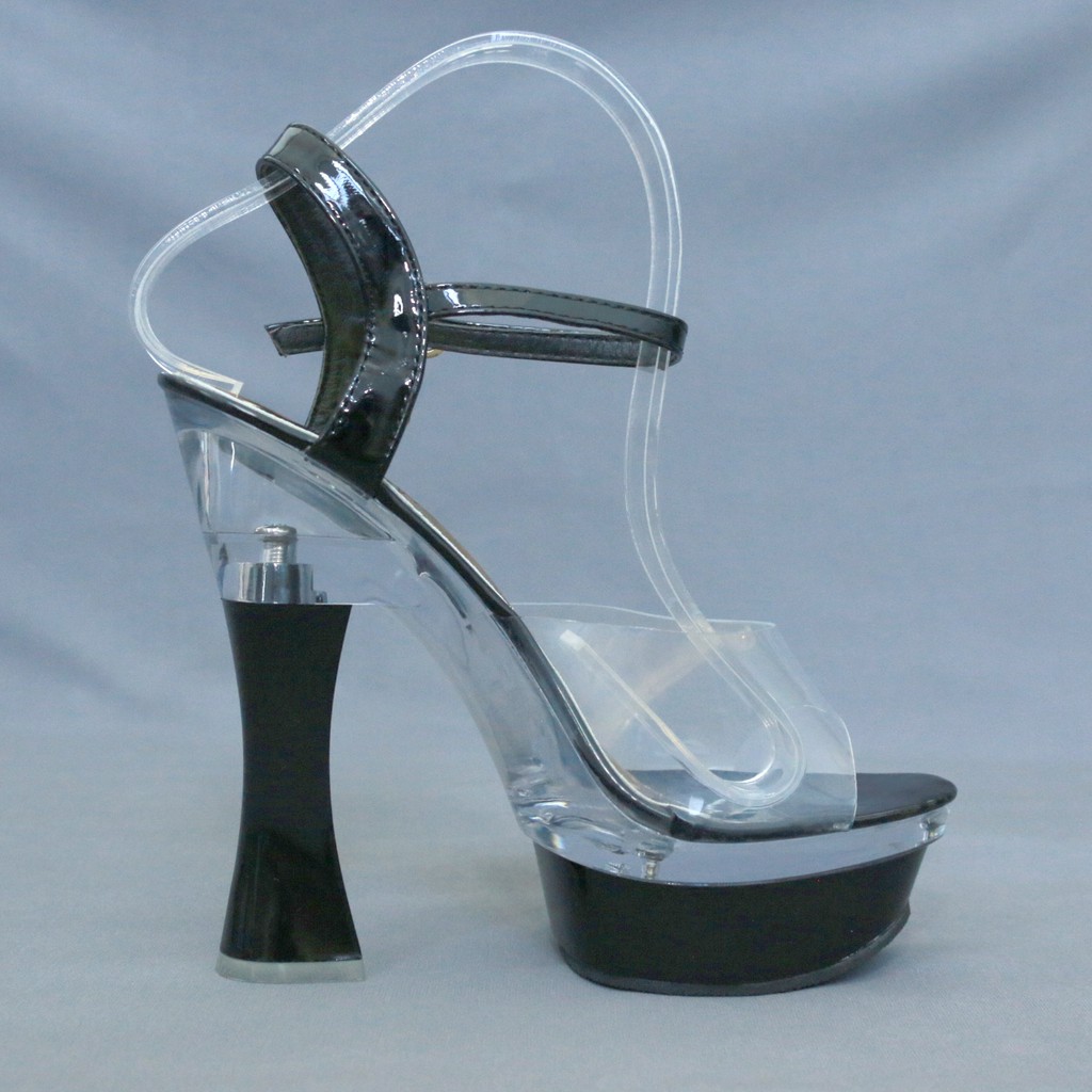 Ykshoes 1380 heels 14cm strappy hak tali impor big chunky kaca transpalant white black putih hitam-black