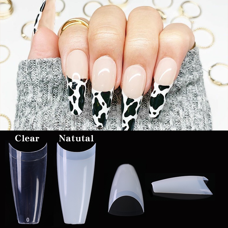 500pcs / Kantong Kuku Palsu Akrilik Uv Gel Polish Transparan Natural Gaya Perancis Untuk Nail Art