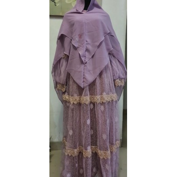GAMIS PESTA SET KHIMAR TILE RENDA TANGAN BALON