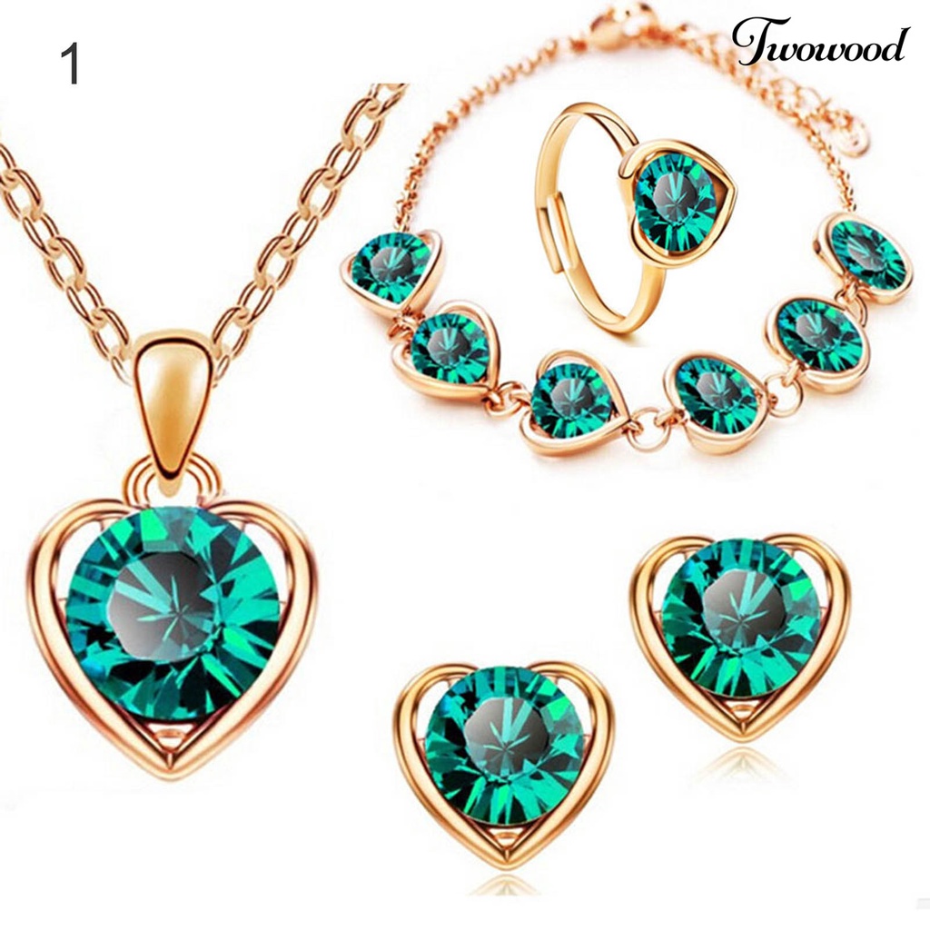 4pcs / Set Kalung Anting Gelang Cincin Liontin Hati Aksen Berlian Imitasi Adjustable Untuk Wanita