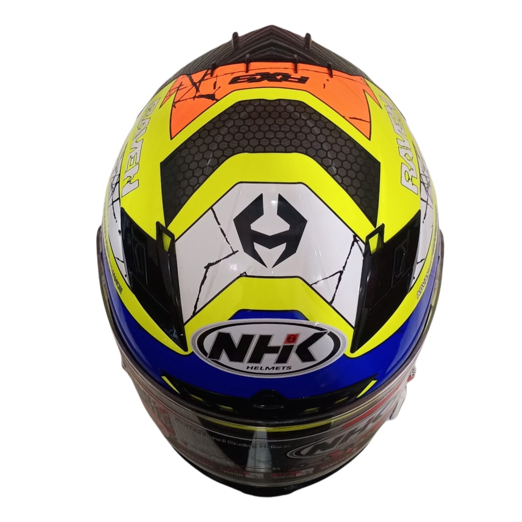 HELM NHK RX9 RACER X NINE RAVEN YELLOW FLO BLUE ORANGE DOUBLE VISOR FULL FACE ORIGINAL SNI