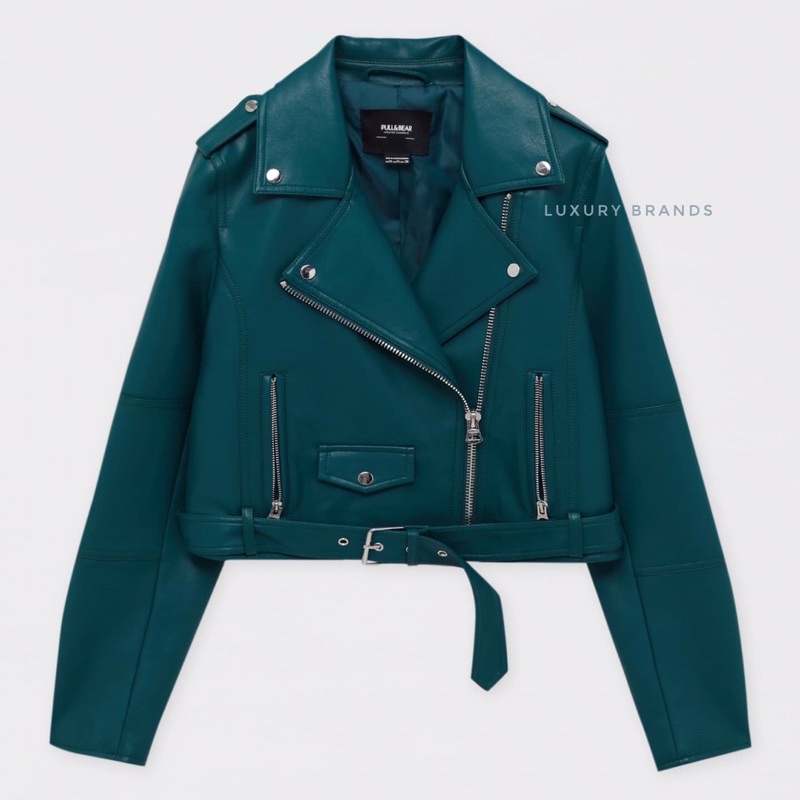 Jaket Kulit PULL AND BEAR Leather Biker Bottle Original