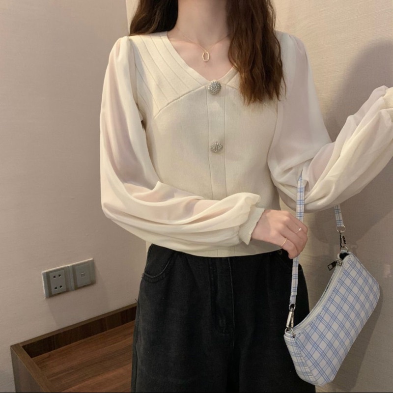 Blouse wanita atasan knit tulle import lengan panjang onesize