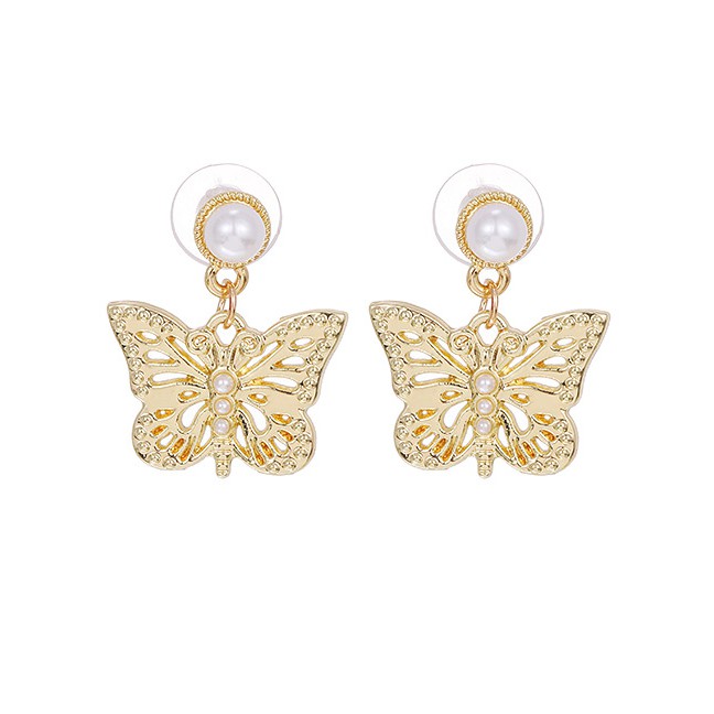 LRC Anting Tusuk Fashion Golden Copper Pearl Butterfly Stud Earrings K42364