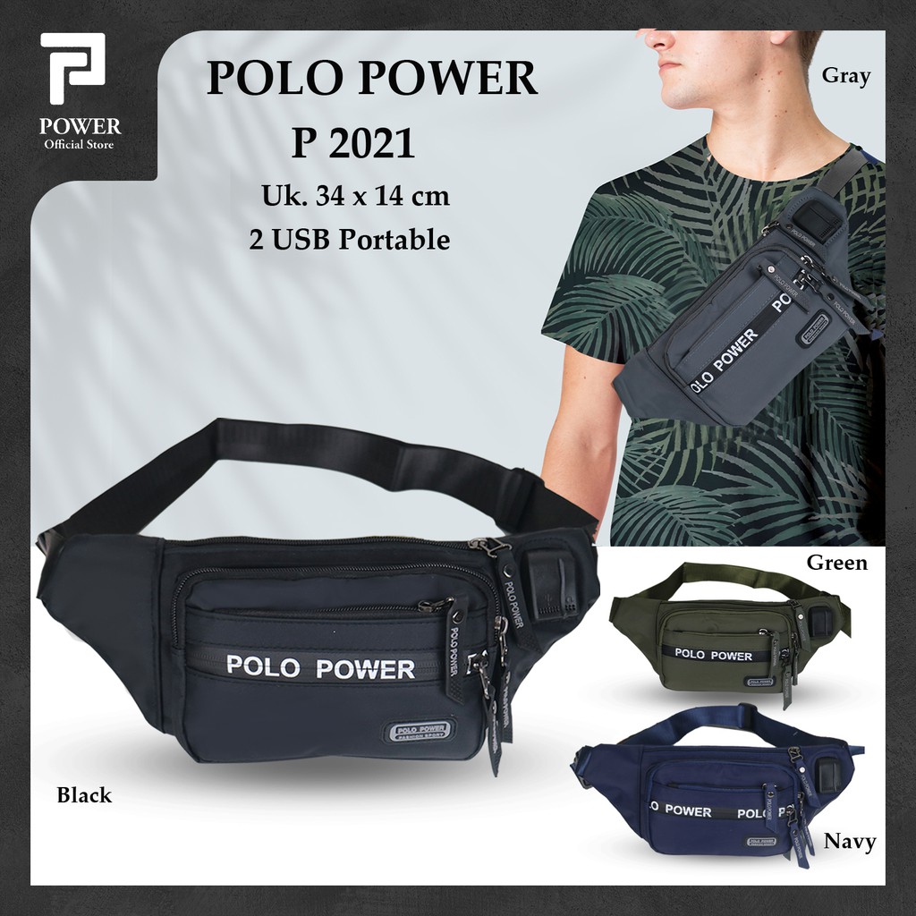 Tas Pinggang Pria Waist bag Import Polo Power Original Tas Slempang Trendy Waterproof Dual USB Portable Tas Polo Original