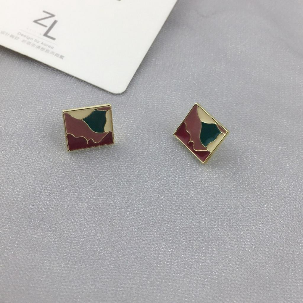 Anting Klip Enamel Bentuk Kotak Geometris Warna-Warni Untuk Wanita