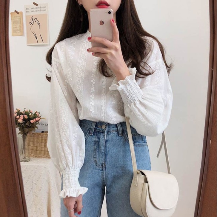 Blus Korea Wanita Potongan Longgar Lengan Panjang Puff Bahan Shifon Model Renda blouse wanita korea atasan wanita-baju putih