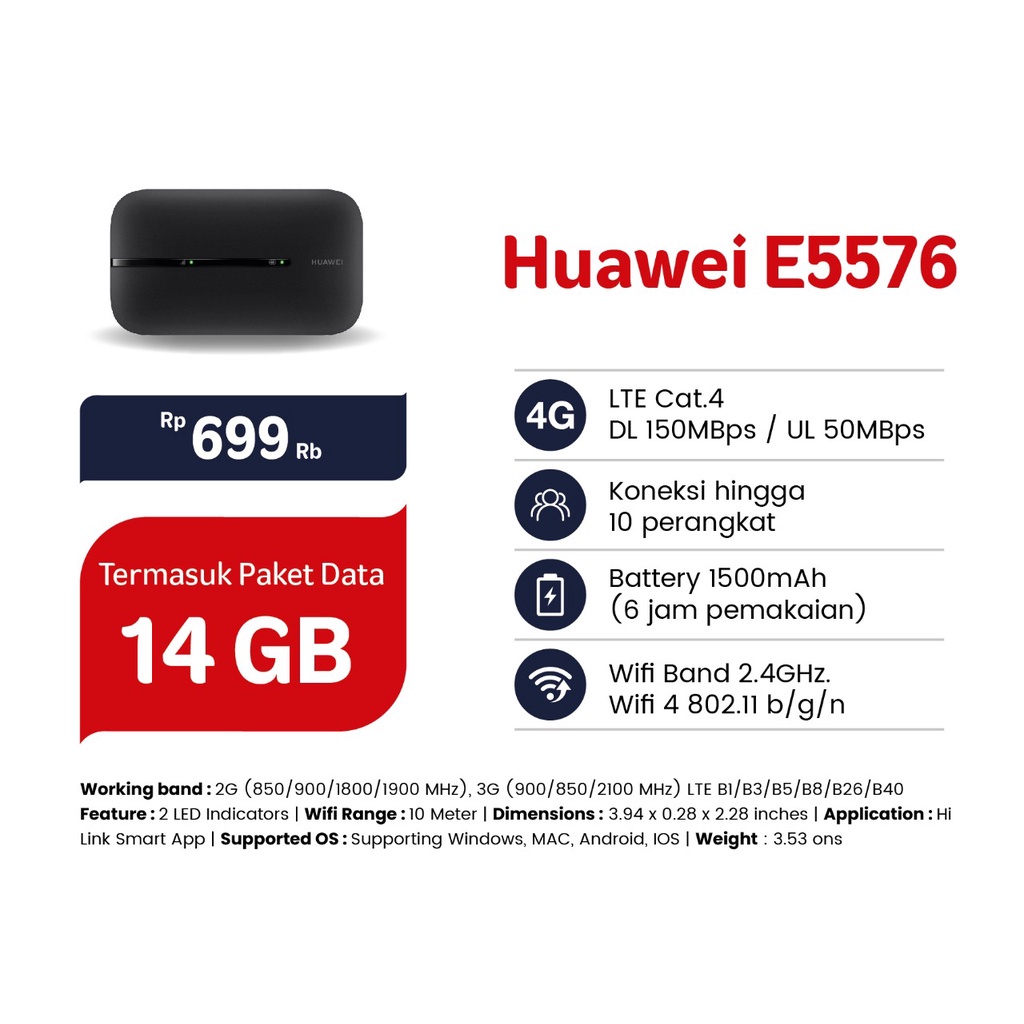 MODEM MIFI HUAWEI E5576 WIFI 4G LTE Free Telkomsel 14GB GARANSI RESMI