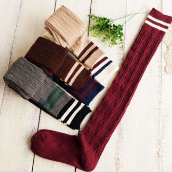 KT-01 overknee socks KAOS KAKI panjang sepaha over knee black hitam 2 strip tebal