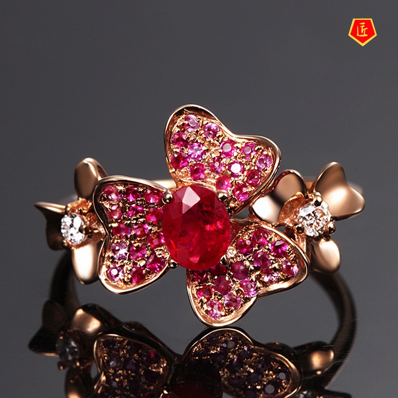 [Ready Stock]Fashion Elegant Rose Gold Flower Red Gem Ring