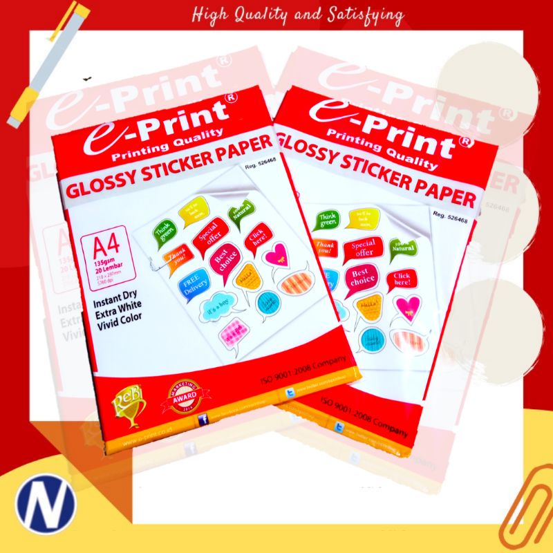 

E-PRINT GLOSSY STIKER PAPER / KERTAS STIKER GLOSY E-PRINT A4 135GSM 20LEMBAR