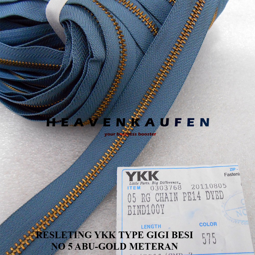 Resleting Zipper YKK Type Gigi Besi No 5 Warna Abu Abu - Gold Emas Harga Per Meter