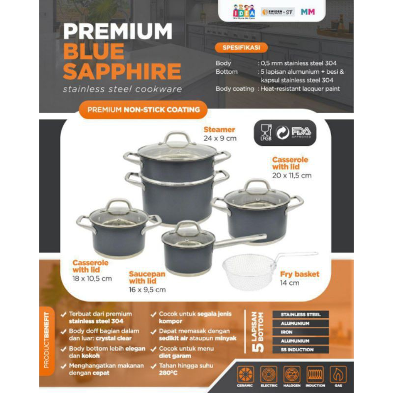 PREMIUM BLUE SHAPIRE STAINLESS COOKWARE SET