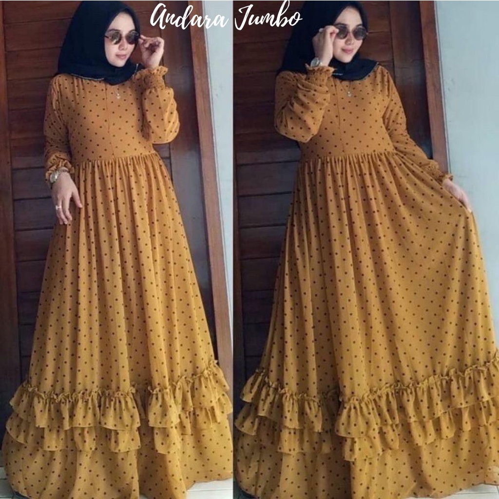 Gamis Ceruty Babydoll Andara Maxi Polcadot Full Furing