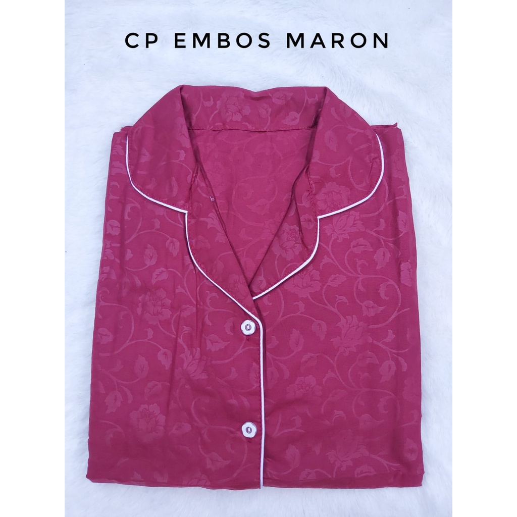 JNV Piyama CP Wanita Motif Satin Embos - Baju Tidur Saten Lengan Pendek - Bahan Satin Embos-Maroon