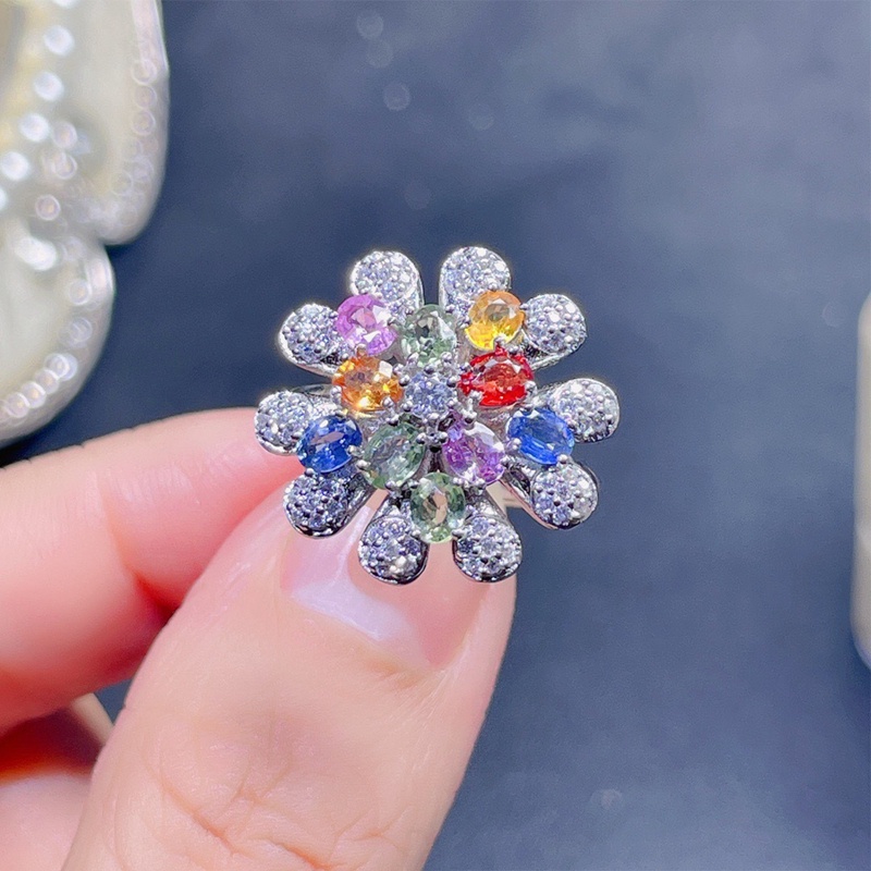 Cincin Wanita Bentuk Bunga Warna-Warni Aksen Cubic Zirconia AAA Untuk Pernikahan