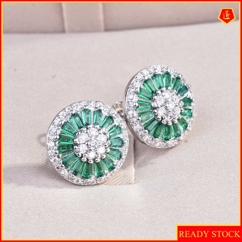 [Ready Stock]Cold Style French Retro Green Gem round Earrings