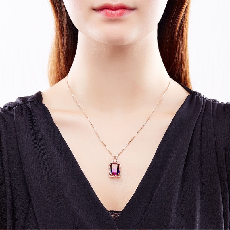 [Ready Stock]Fashion Luxury Inlaid Colored Gemstone Pendant 18K Rose Gold Plated Necklace