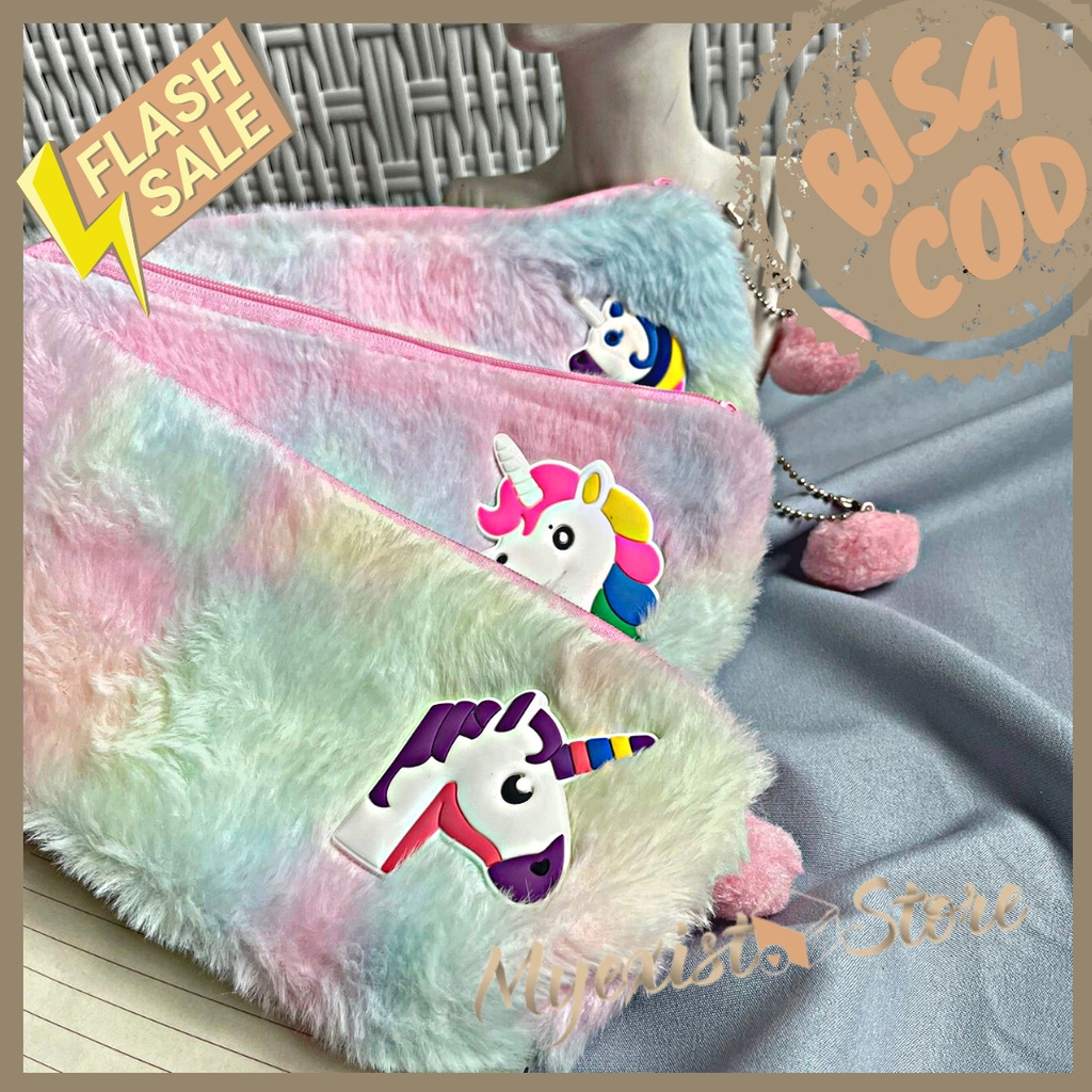 

Tempat pensil Kotak pensil aesthetic anak perempuan lucu murah motif bulu rainbow unicorn IVN629