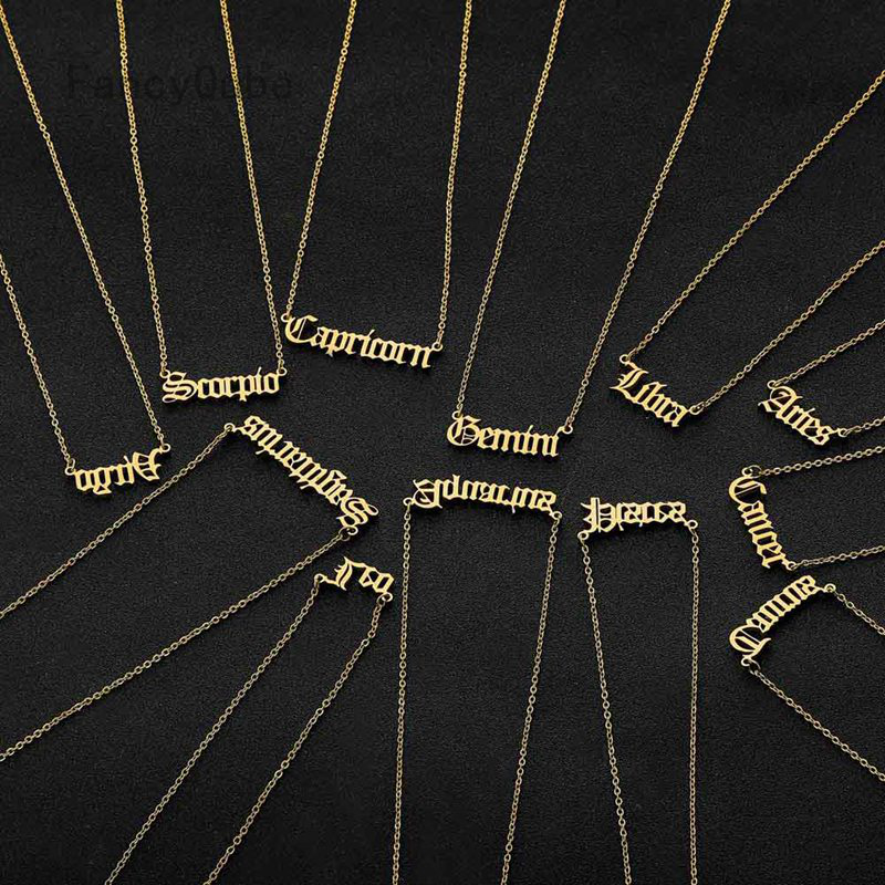 Old English Letter 12 Zodiac Necklace Constellation Scorpio Leo Capricorn Aquarius Libra Taurus Cancer Virgo Gemini Sagittarius Pisces Aries Personalized Necklace Gifts Excellent