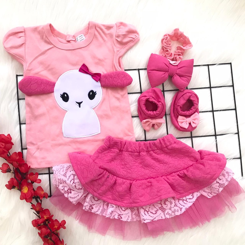 Baju setelan kaos rok tutu bandana sepatu fashion anak bayi cewek perempuan baby girl murah -she