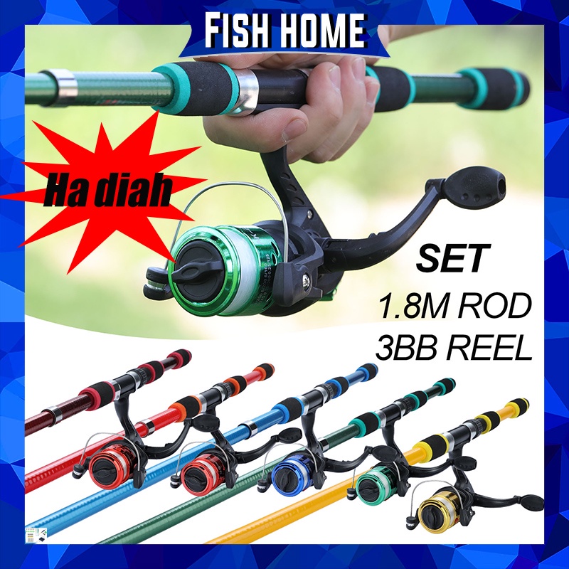 Set Pancing1.8M 6 Bagian Spinning Fishing Rod Reel Set Fiber Glass Telescopic untuk Air Tawar Anak-anak SET Joran Pancing lengkap