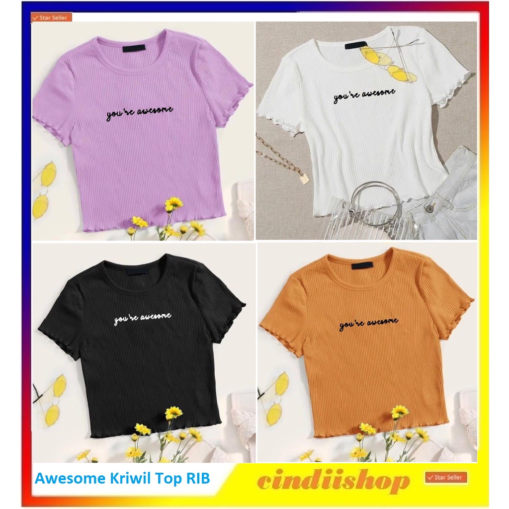 Baju Atasan Pakaian Wanita Awesome Kriwil Top RIB Lengan Pendek Cewek Dewasa Kaos