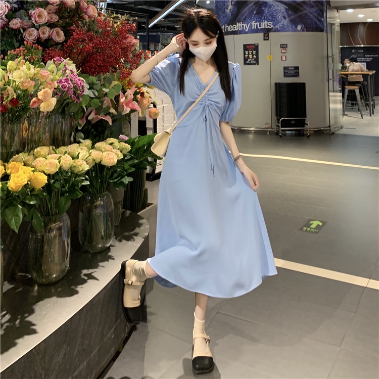 pakaian wanita korea daster kerut dada COD 2022 New Fashion Korean Style Short Sleeve Drawstring V Neck Midi Dress polos for Women Summer Black Blue solid color A-Line Casual Dresses wanita 2023 korea sexy murah