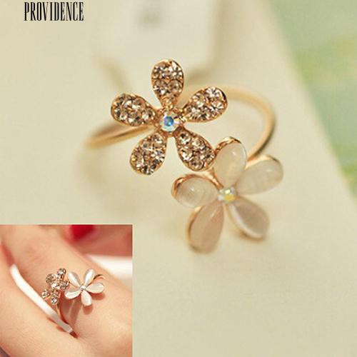 Opal Daisy Bunga Ganda Terbuka Cincin Berlian Imitasi Adjustable