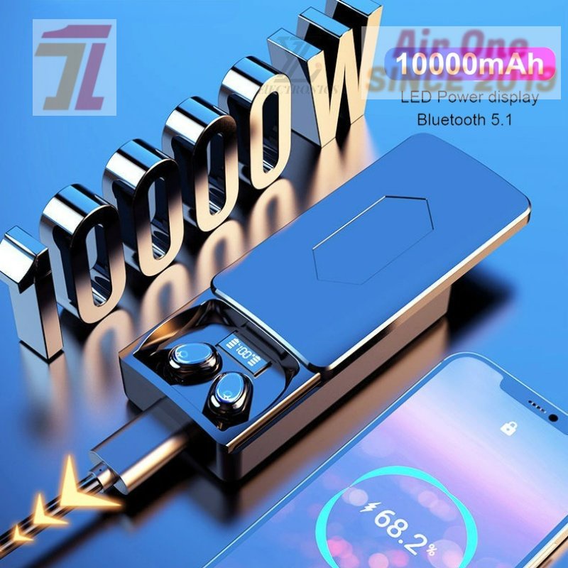AirOne YZ Tws Bluetooth 5.1 Earphone 10000MAh Pengisian Case Nirkabel 9D Stereo Olahraga Tahan Air E