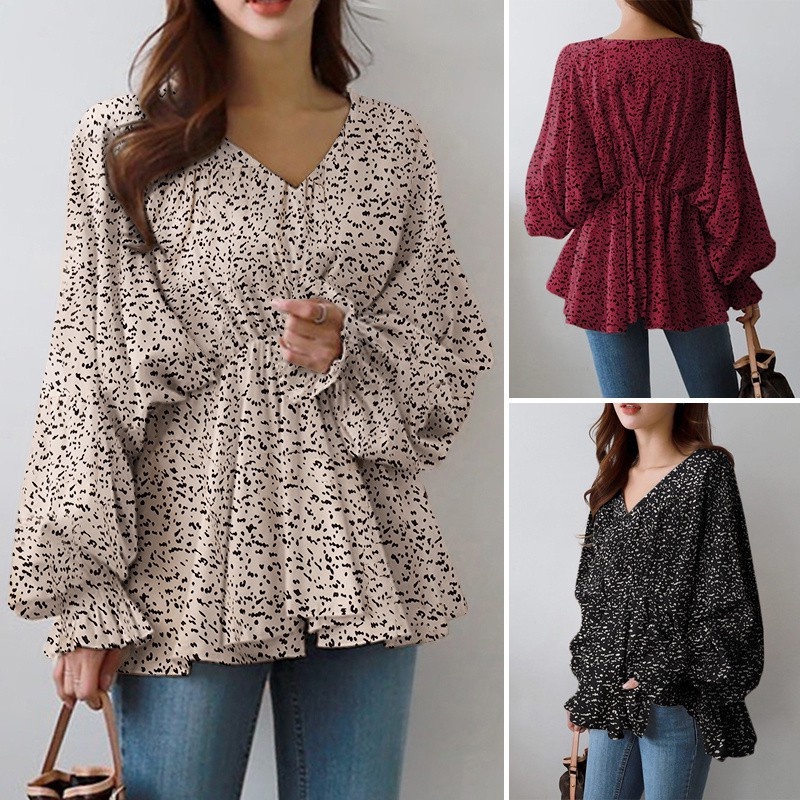 ZANZEA Women Fashion Full Sleeve V Neck Leopard Printed Casual Loose Blouse