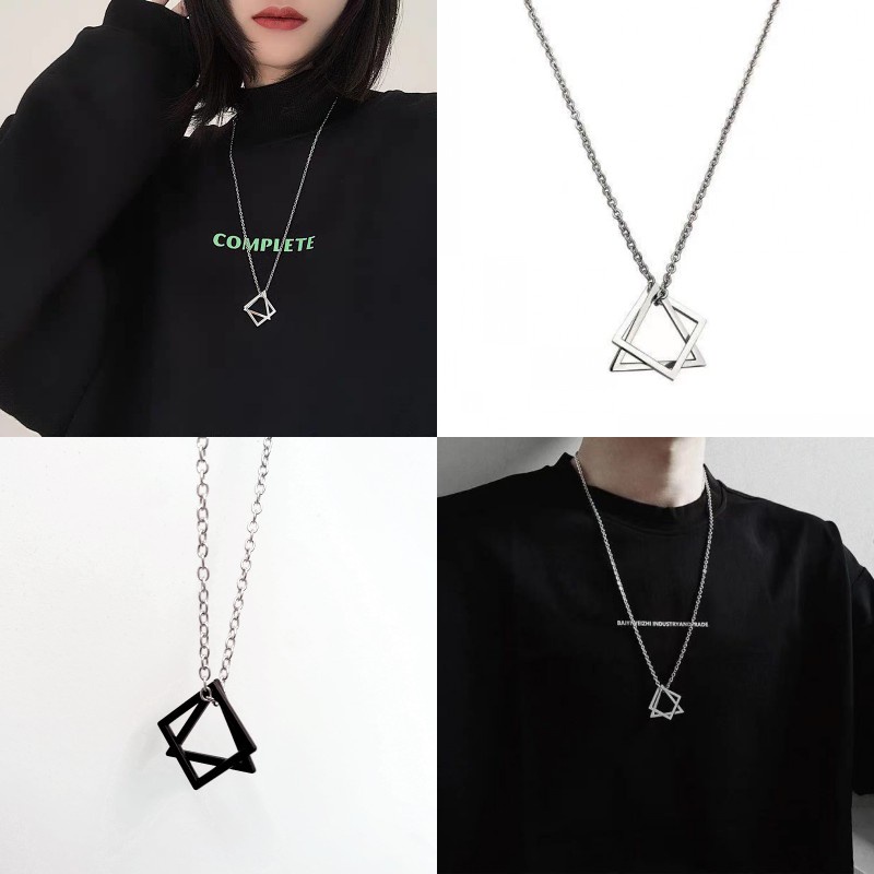 Kalung Rantai Panjang Desain Geometris Bahan Stainless Steel Warna Hitam Silver Gaya Hip Hop Untuk Pasangan