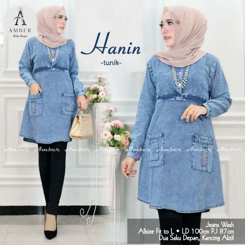 hanin tunik jeans - atasan jeans wanita - fashion muslim terbaru - baju wanita - atasan tunik wanita