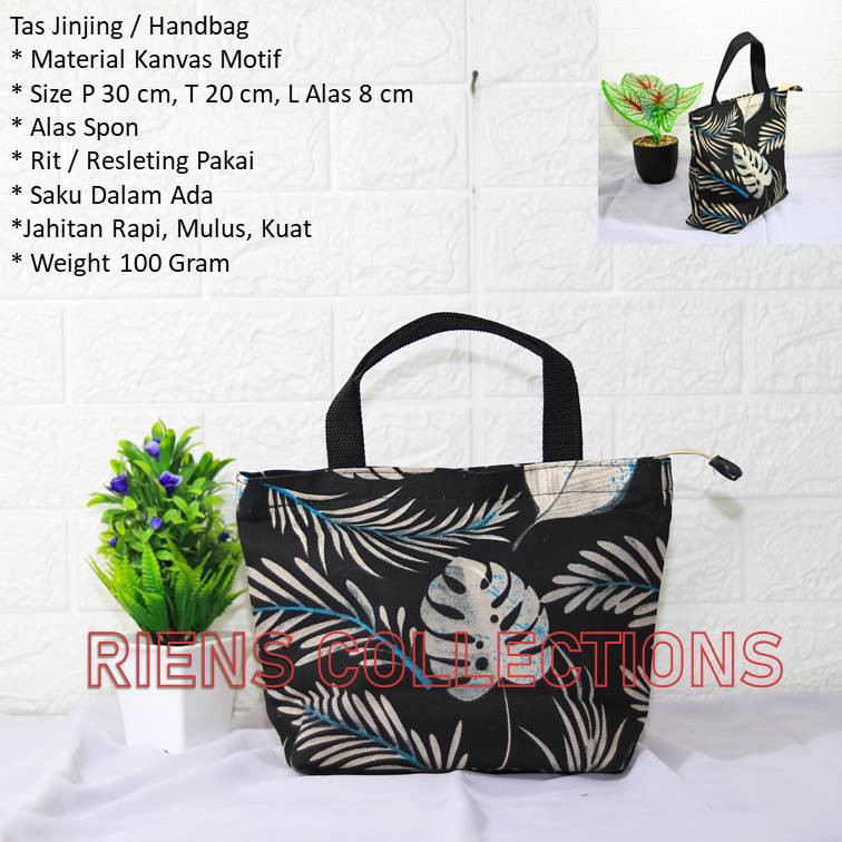 RIENS COLLECTIONS. HANDBAG KECIL BAHAN KANVAS MOTIF FLORAL LATAR HITAM