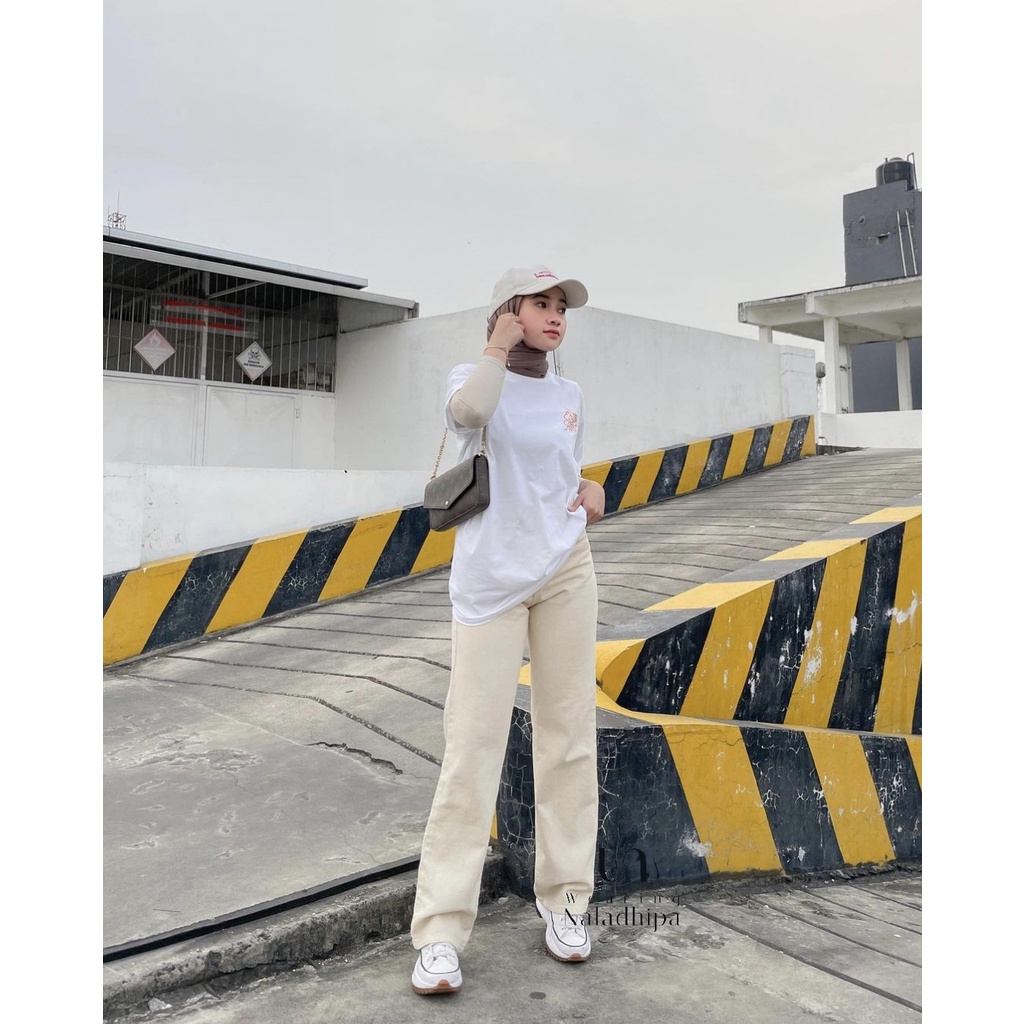 Nara Pants Cream - Celana Kulot Jeans Highwaist Wanita Loose