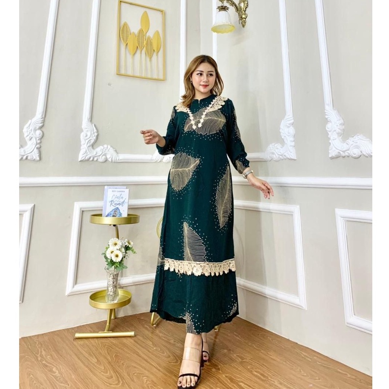 LONGDRESS RENDA ARAB LENGAN PANJANG MOTIF DAUN / DASTER RENDA ARAB JUMBO KEKINIAN BAHAN ADEM DAN MUI